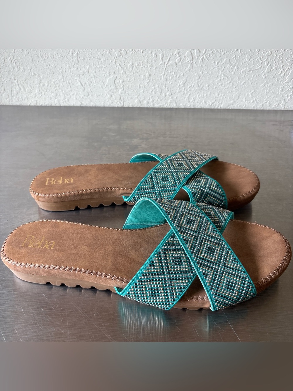 Reba Boho Turquoise Beaded Crisscross Slide Sandals✨